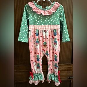 Marie Nicole Green and Pink Llamo/Cactus Print Kids Footie